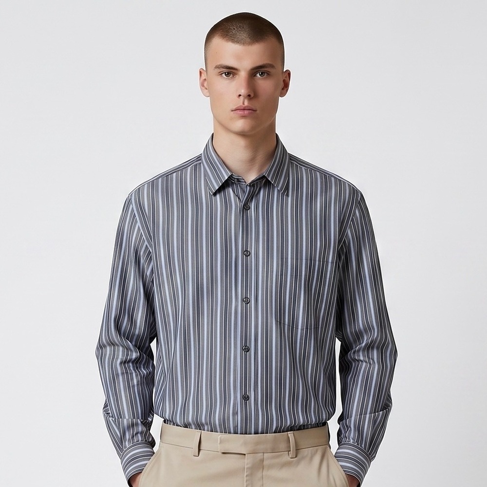 Zegna Sport Button Down Shirt Mens XXXL Grey Blue Striped Cotton‎ Silk